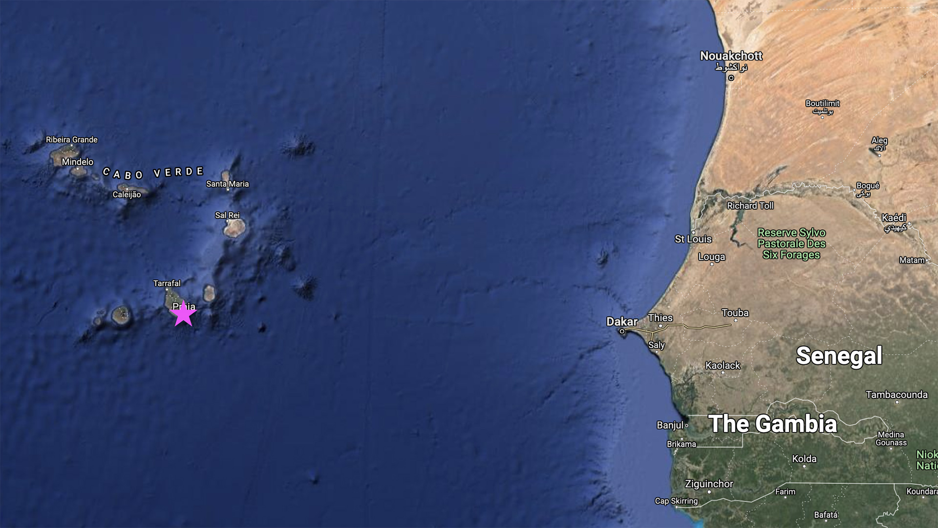 Map of the Cabo Verde archipelago off the coast of Africa. The pink star marks Praia, where the ship is docked. You can see that the islands are at about the same latitude as the Sahara desert.