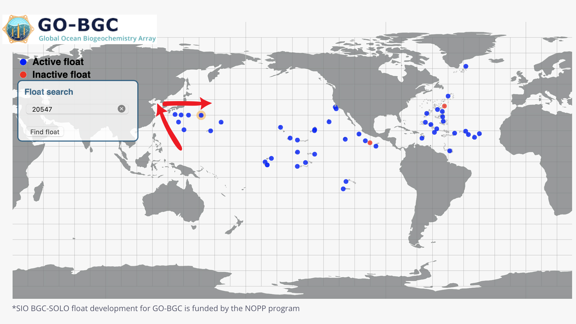 Bulldog Bait (blue dot with orange circle) is the 6th GO-BGC float we deployed in the Northern Pacific ocean