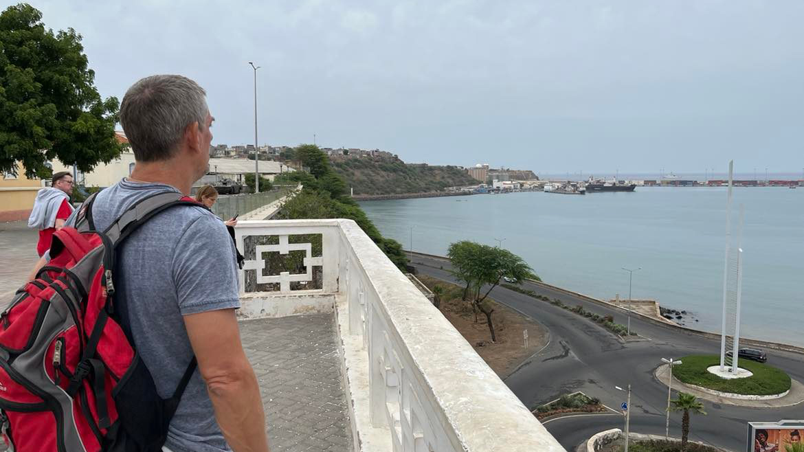 Chief Scientist Denis Pierrot looks out at the port of Praia where the NOAAS Ronald H. Brown was previously docked. Photo by Zach Erickson.