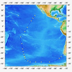 Geotraces transit cruise track from San Diego California to Tahiti with 5 GO-BGC float deployments. Then south to Antarctica and ending in Punta Areas, Chile.