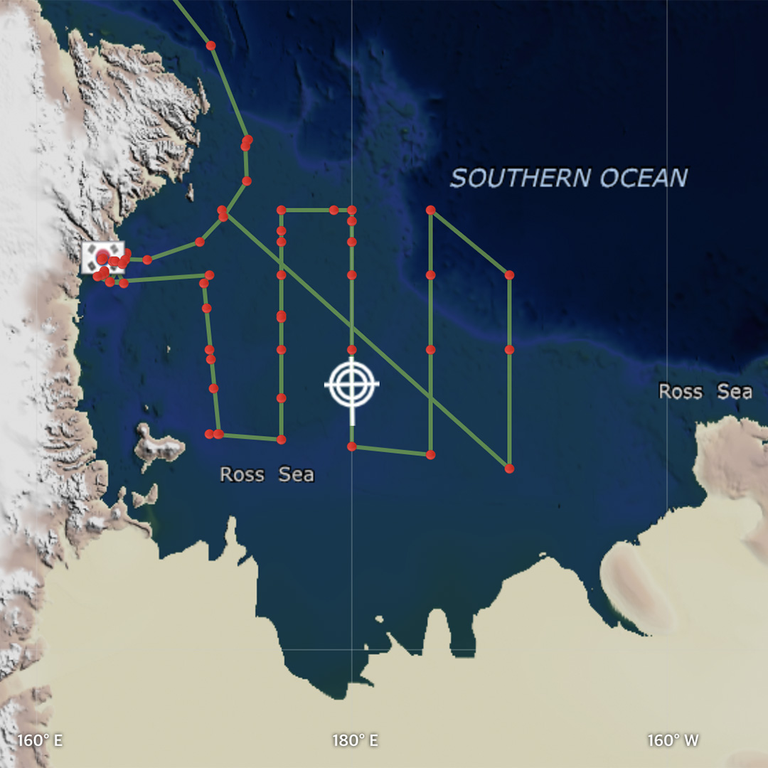 Map of the location of the ship at 180 degrees