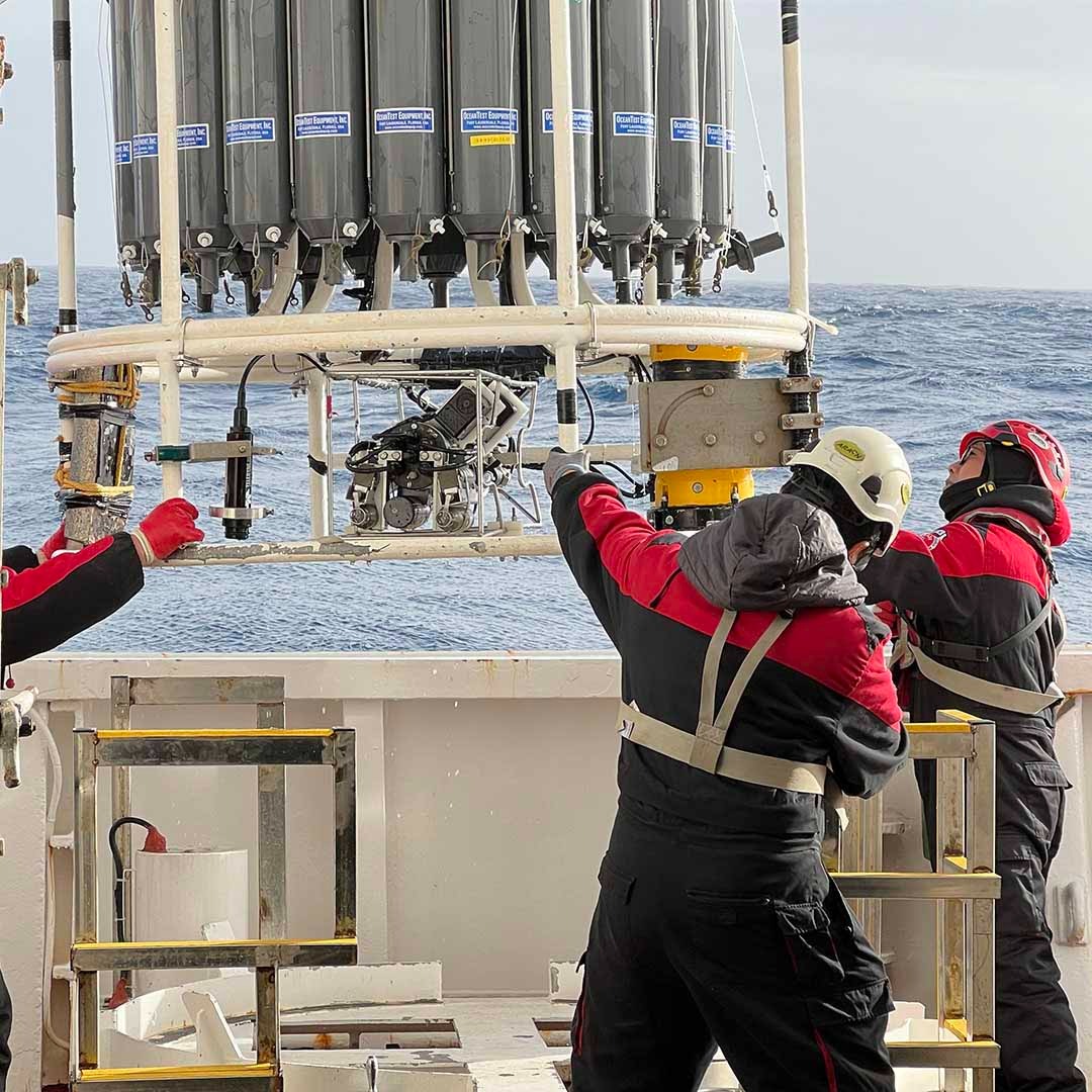 The crew pulls the CTD safely back on deck after its trip down to 1500m