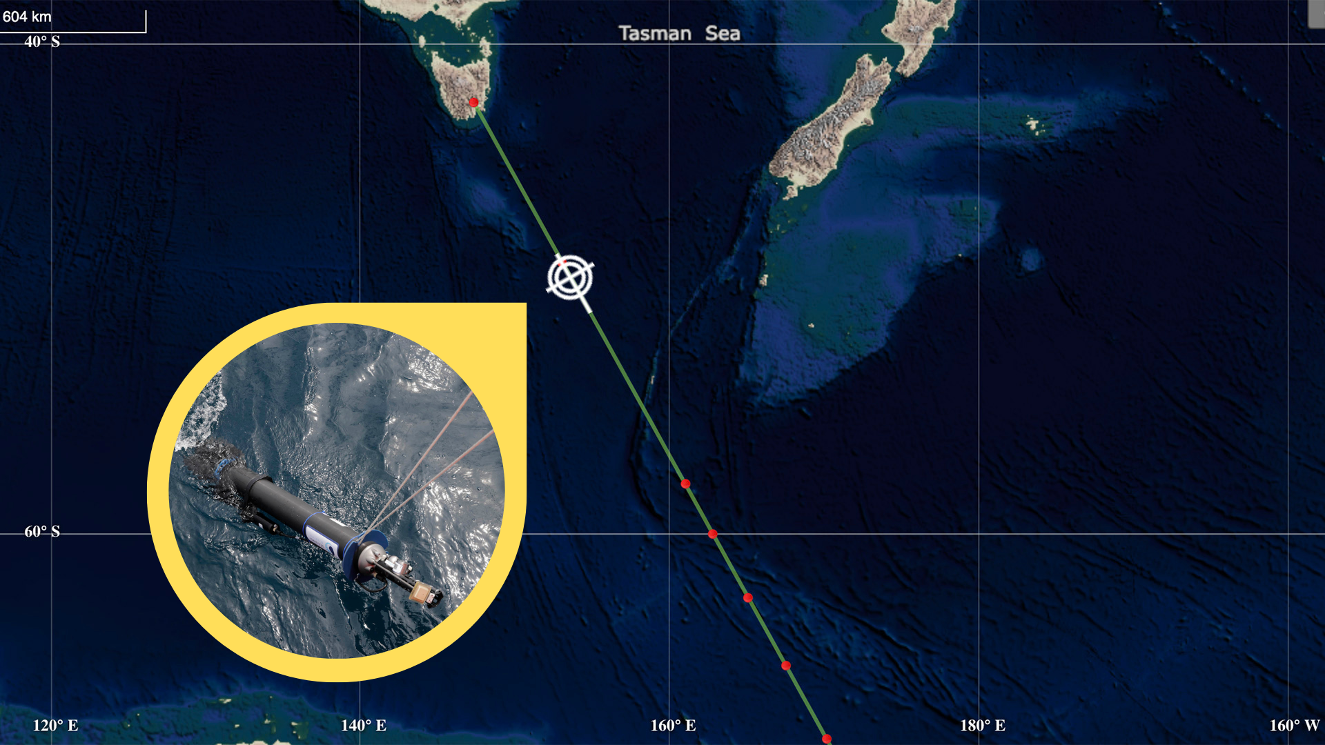 This map shows the location of the float deployment, approximately 910 km south of Hobart, Tasmania.