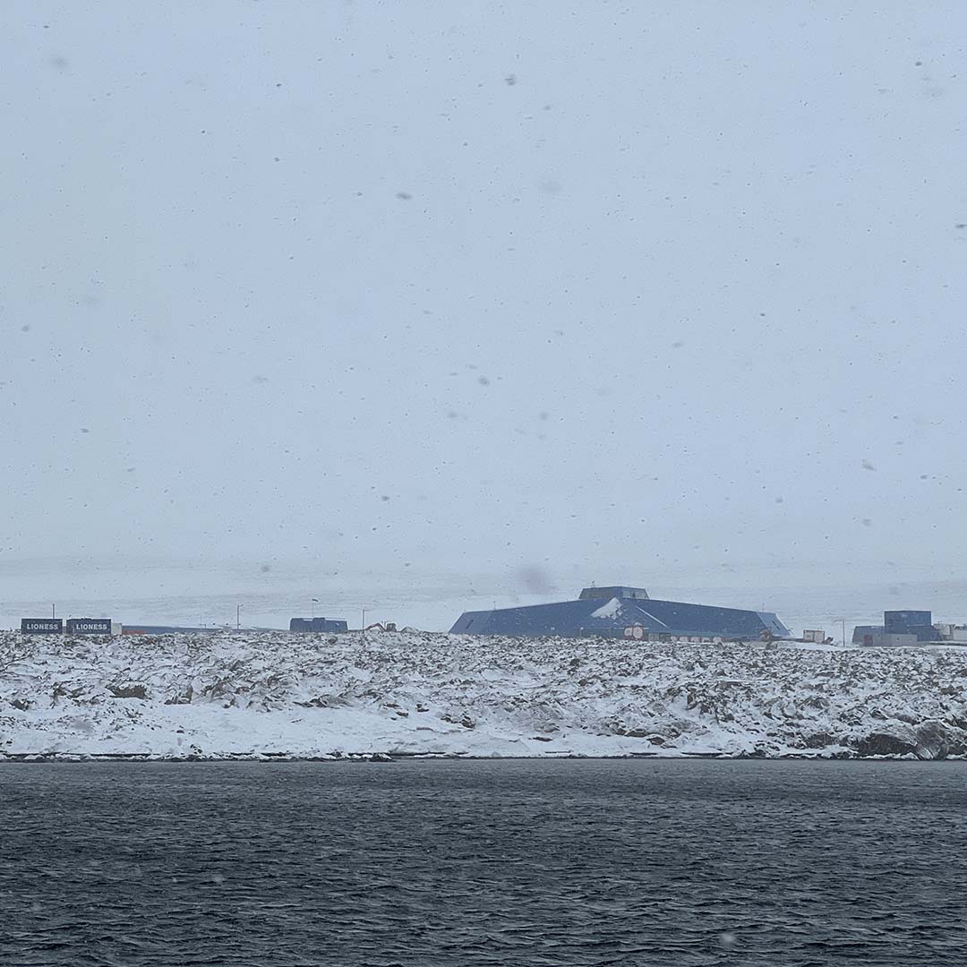 A photo of  Jang Bogo shrouded in snow and clouds