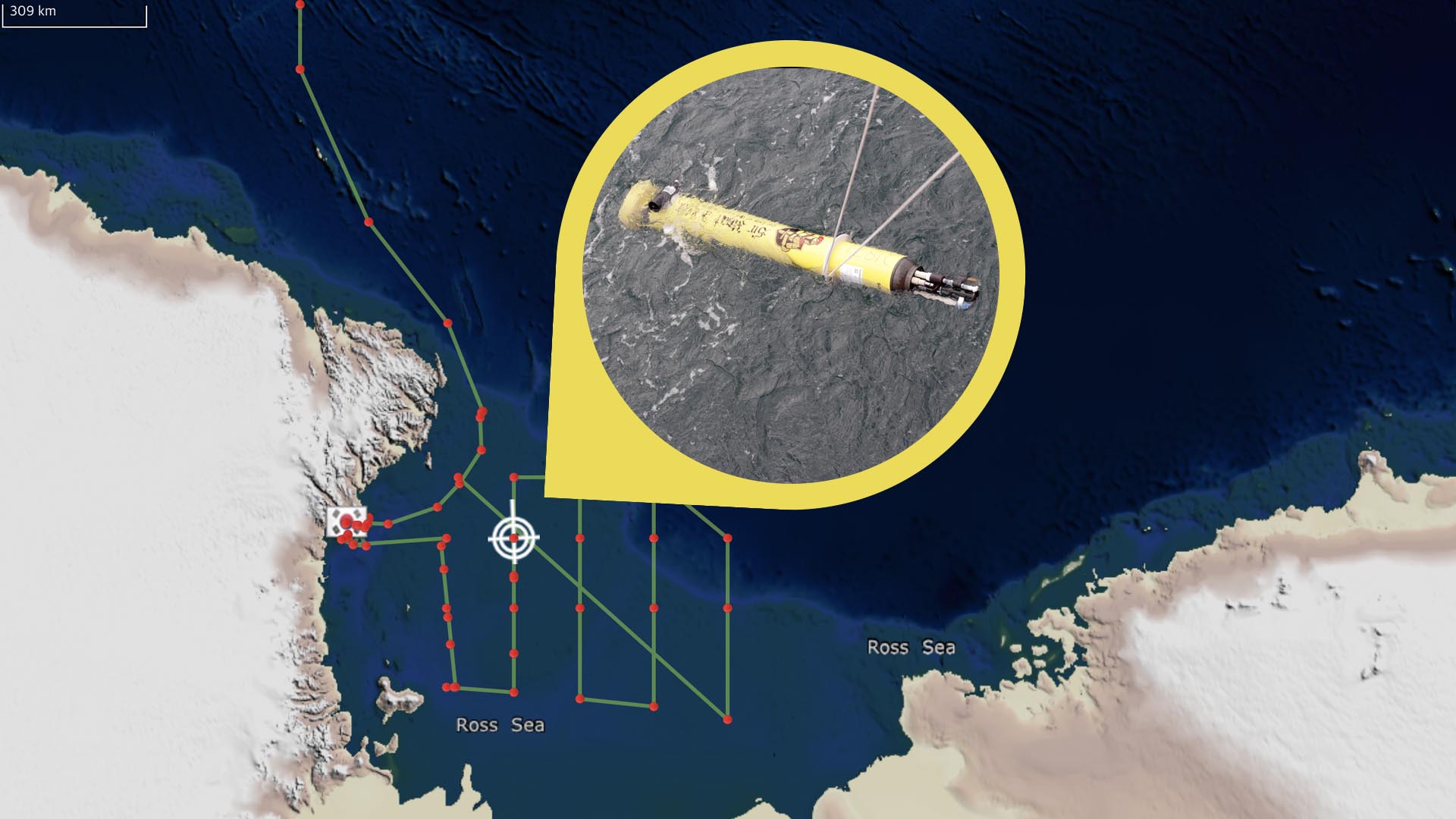 map showing deployment location of Sir Float a Lot in the Ross Sea.