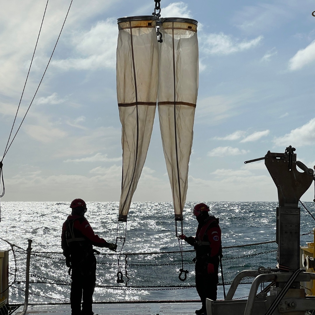 a photo of the largest bongo net (330 and 500 micron) being brought onto deck
