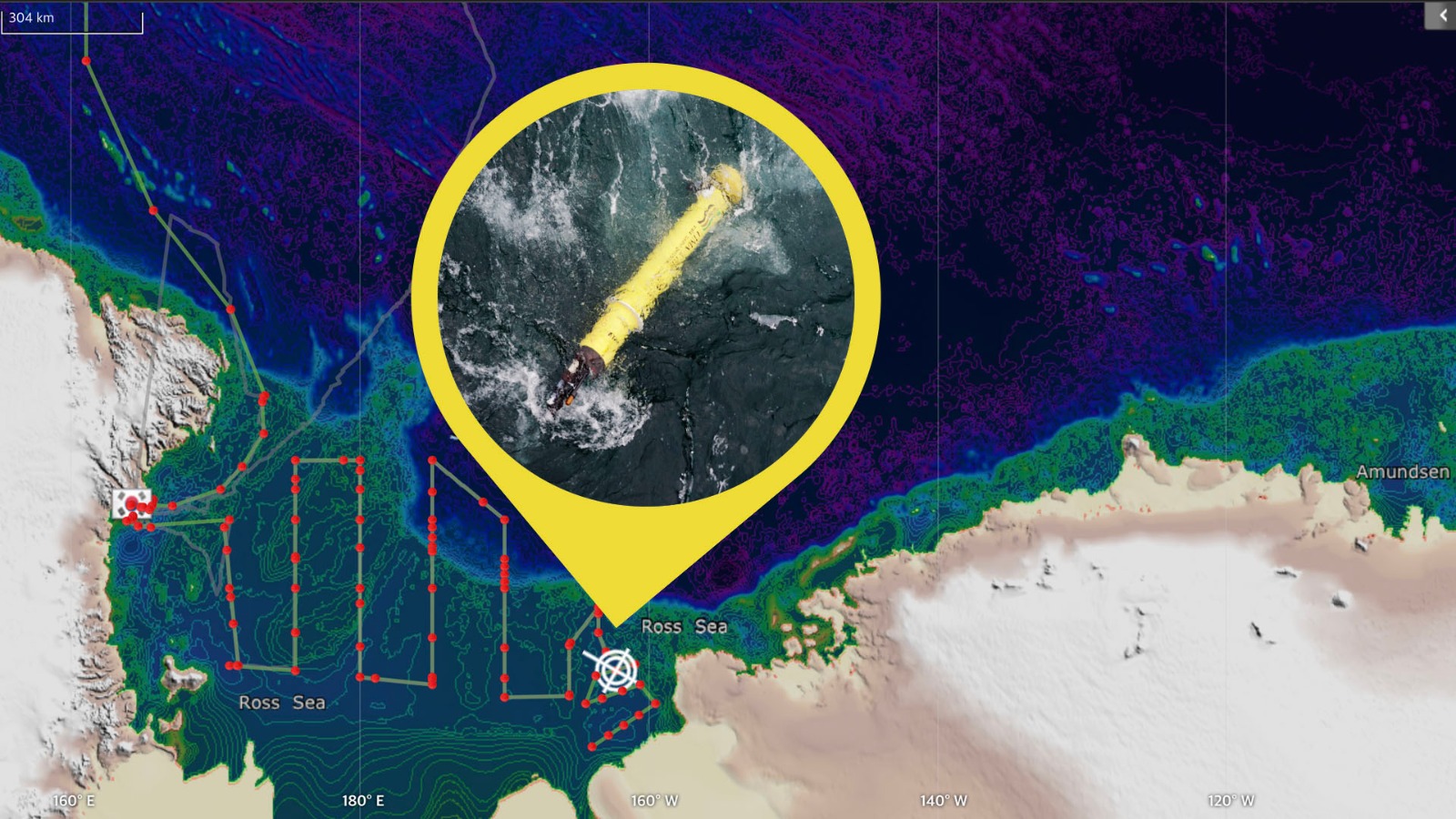 This map shows the location of the float deployment, about 100 km west of the Antarctic continent.
