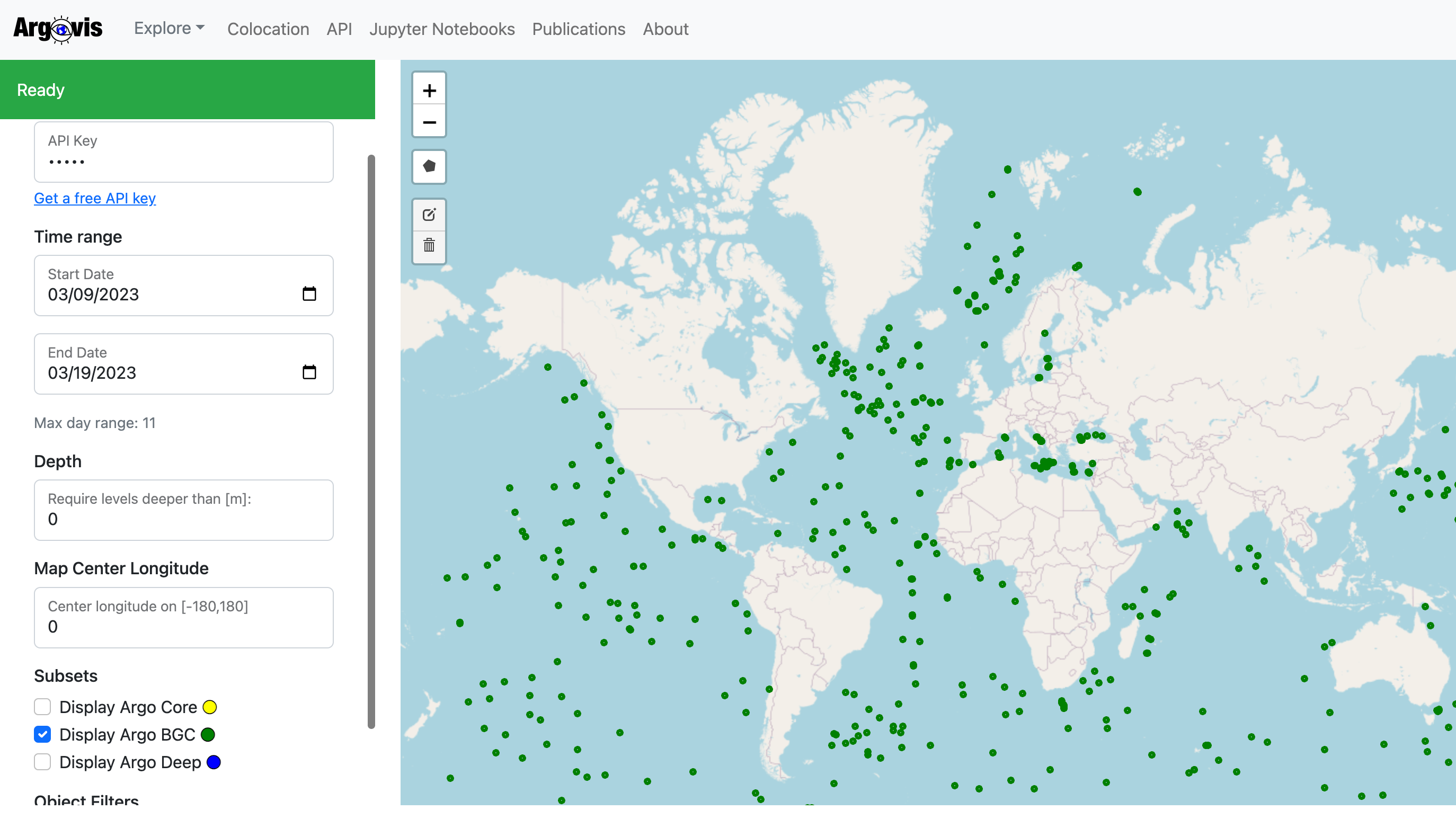 a screen grab of the Argo float database