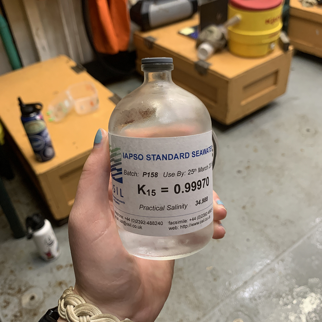 Samples of equator bottom water collected in used salt standard bottles (Photo by Ellen Park).