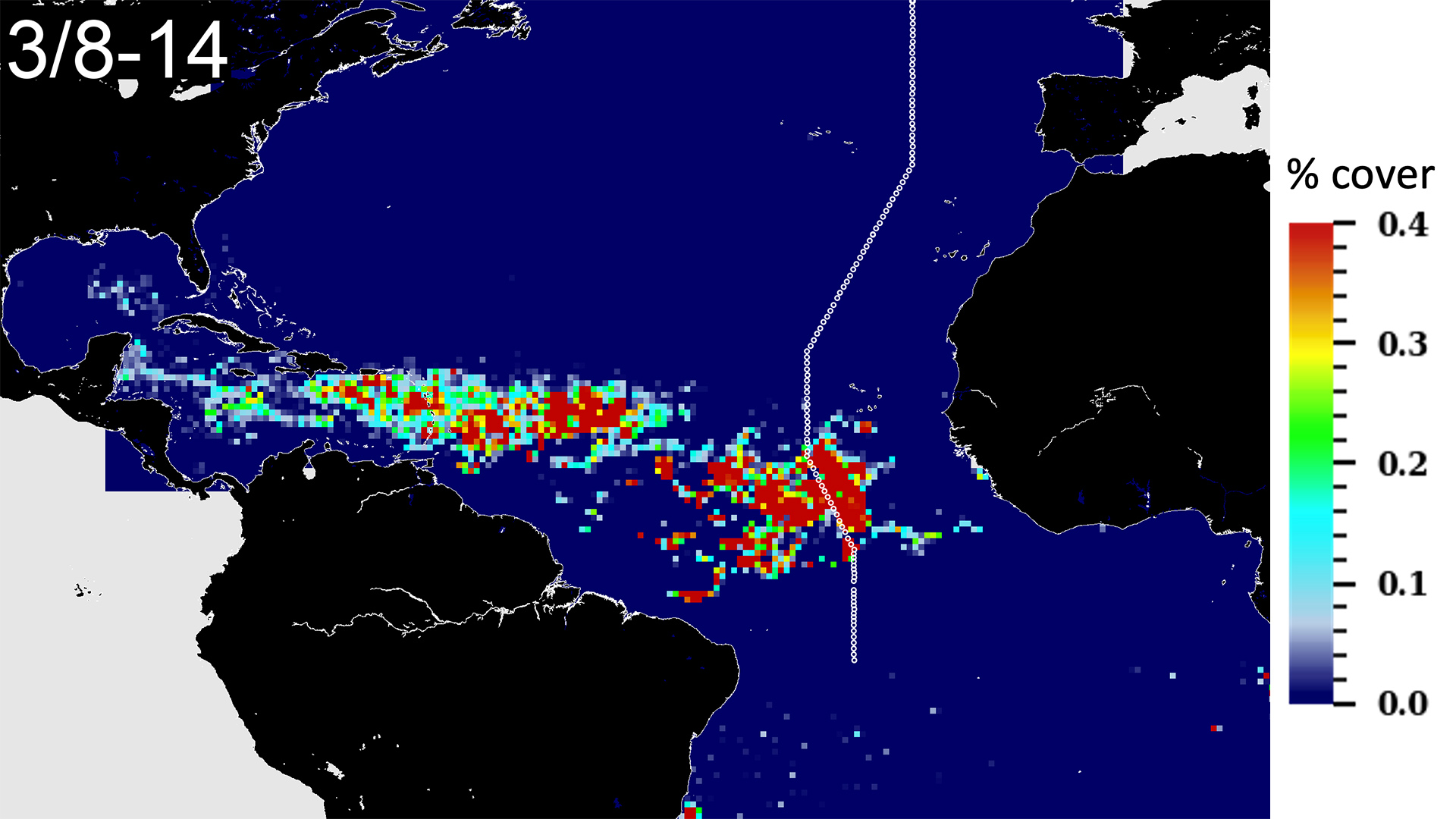 Fraction of Sargassum coverage from satellite measurements with cruise track overlaid (circles). Red indicates a higher fraction of coverage. (Optical Oceanography Lab at University of South Florida College of Marine Science (https://optics.marine.usf.edu/projects/saws.html)