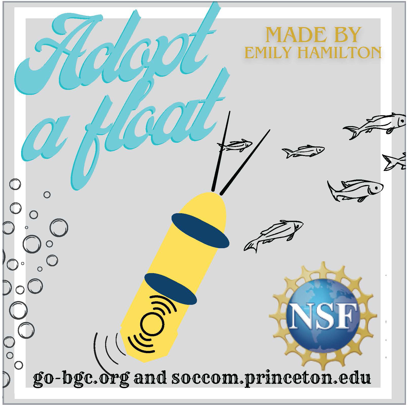 2024 sticker design winner by Emily Hamilton showing a float against a neutral background with Adopt a Float and the websites for GO-BGC and SOCCOM as well as the NSF logo. 