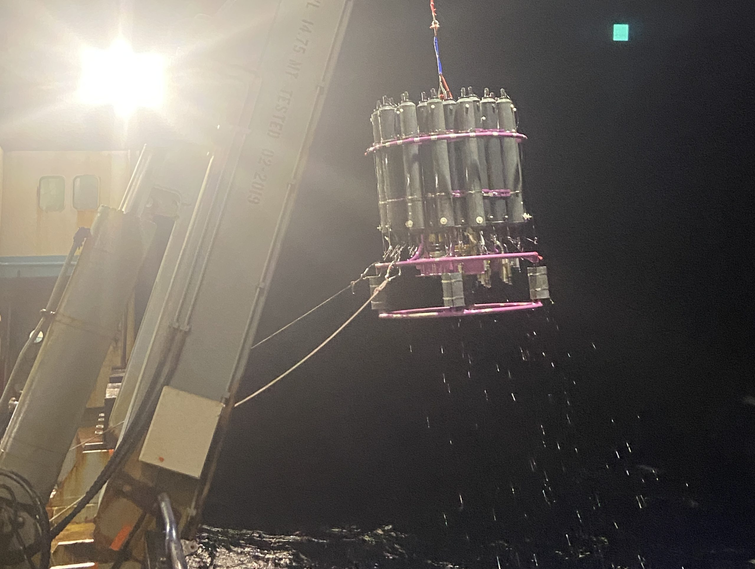 PIC 2 CTD Retrieval of a conductivity, temperature, and depth (CTD) rosette, containing water samples from various depths throughout the water column.