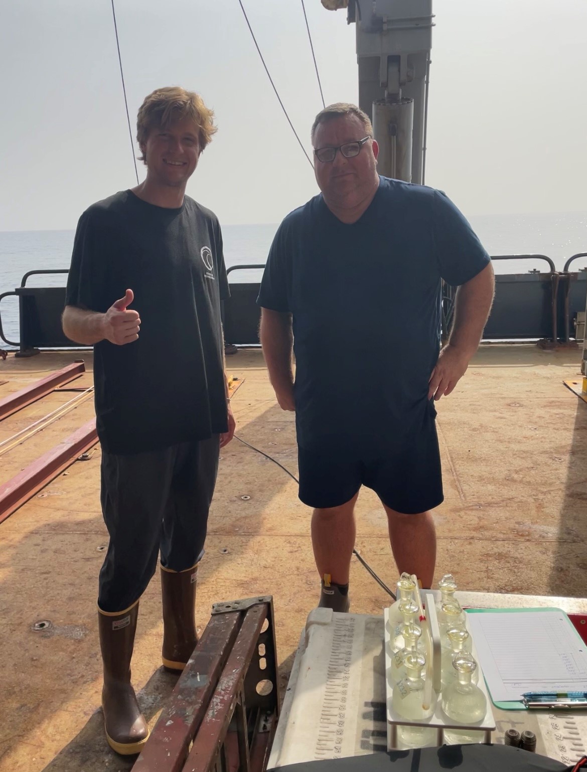 PIC 9 Evan&Chuck Evan and Chuck preparing to gather water samples from the Rosette. Picture by Teresa Kennedy (UT Tyler; URI).