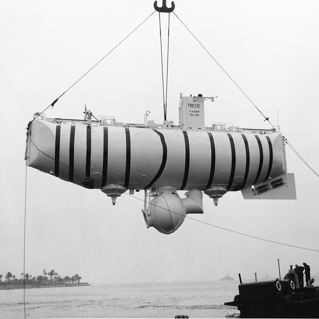 Bathyscaphe Trieste, an Italian-built deep-diving research submersible vehicle, was built to explore the deepest known part of the Earth's oceans. Image released by the U.S. Navy Electronics Laboratory