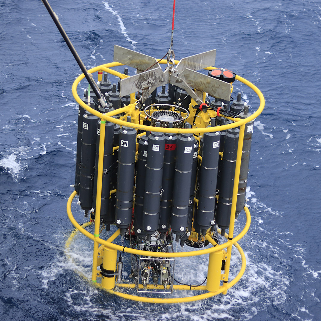 The CTD/Rosette being recovered by deck crew after the cast