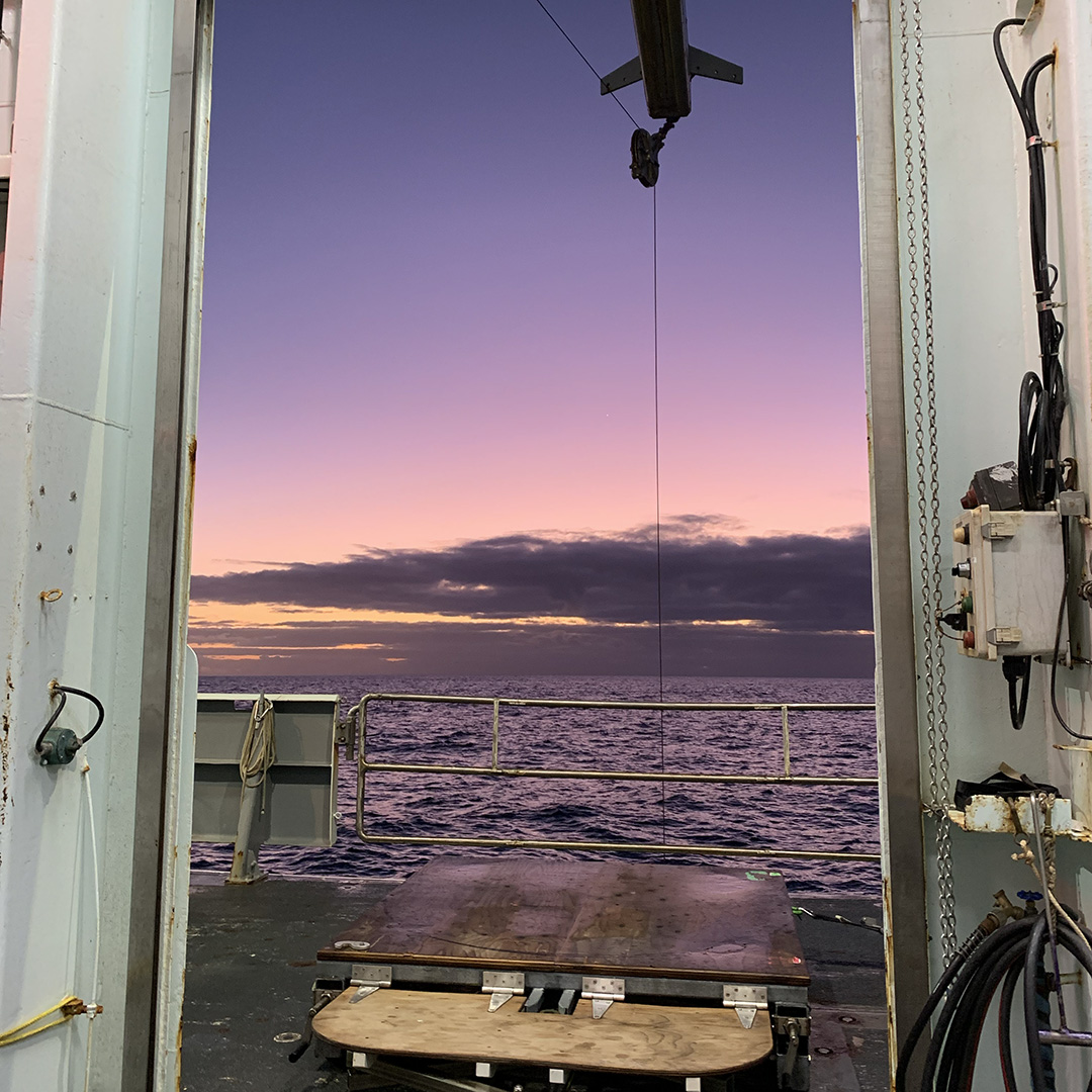 Sunrise from inside the sampling bay during an early morning deployment