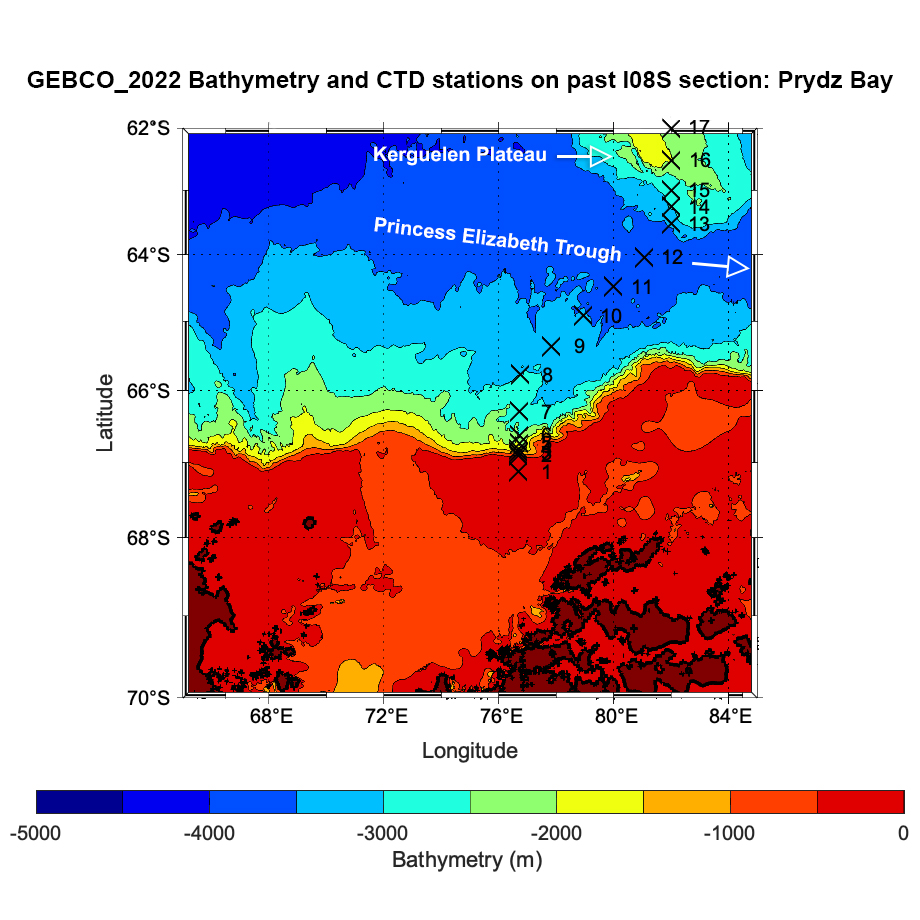 GEBCO_2022 Bathymetry and CTD stations on past I08S section: Prydz Bay. Bathymetry from GEBCO Compilation Group (2022) GEBCO_2022 Grid (doi:10.5285/e0f0bb80-ab44-2739-e053-6c86abc0289c)