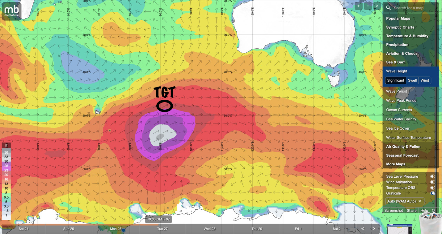 Map of significant wave height taken from Windy.com showing the large storm and location of the R/V Thompson (TGT).