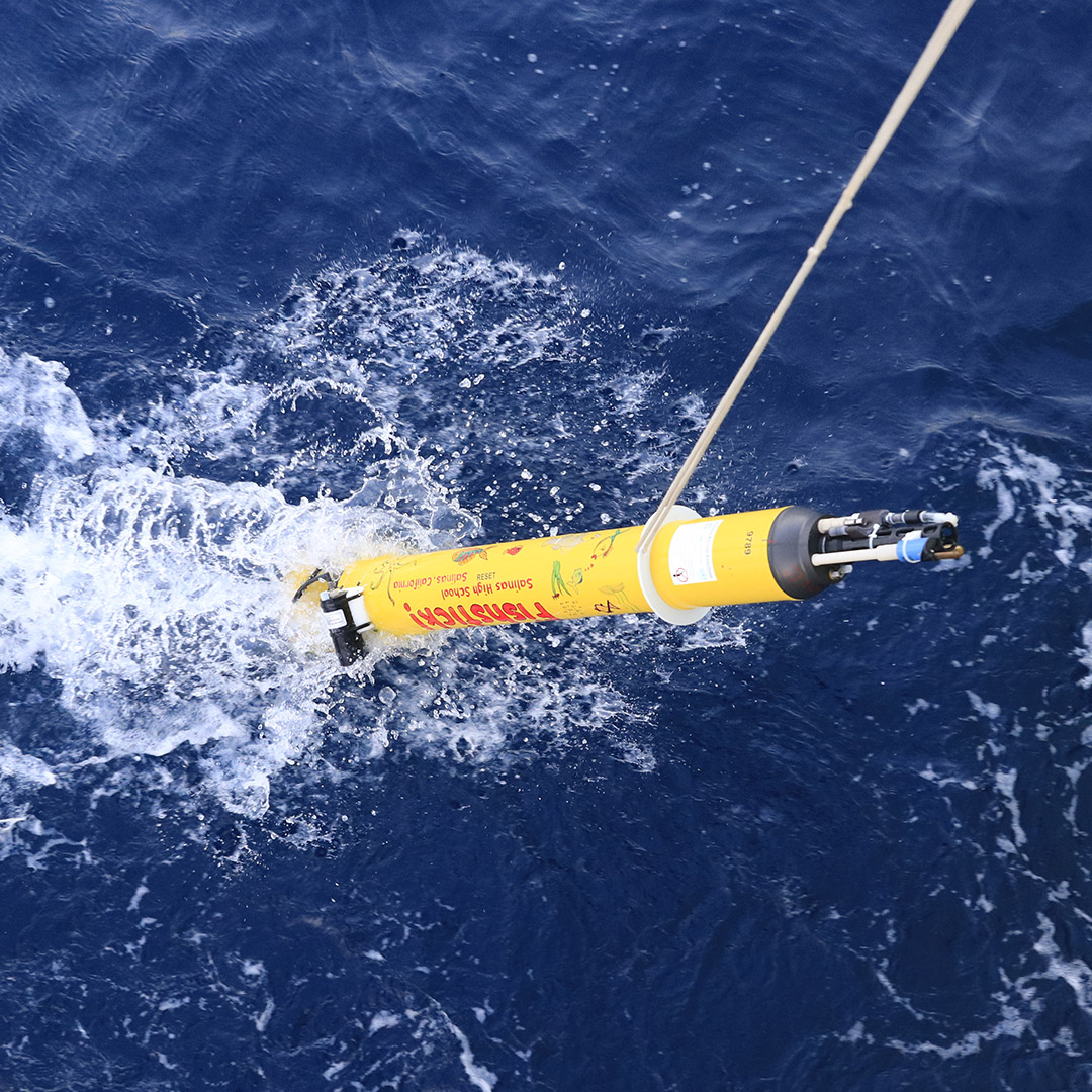 Fishstick! splashes down in our wake before being released to float away on its mission.