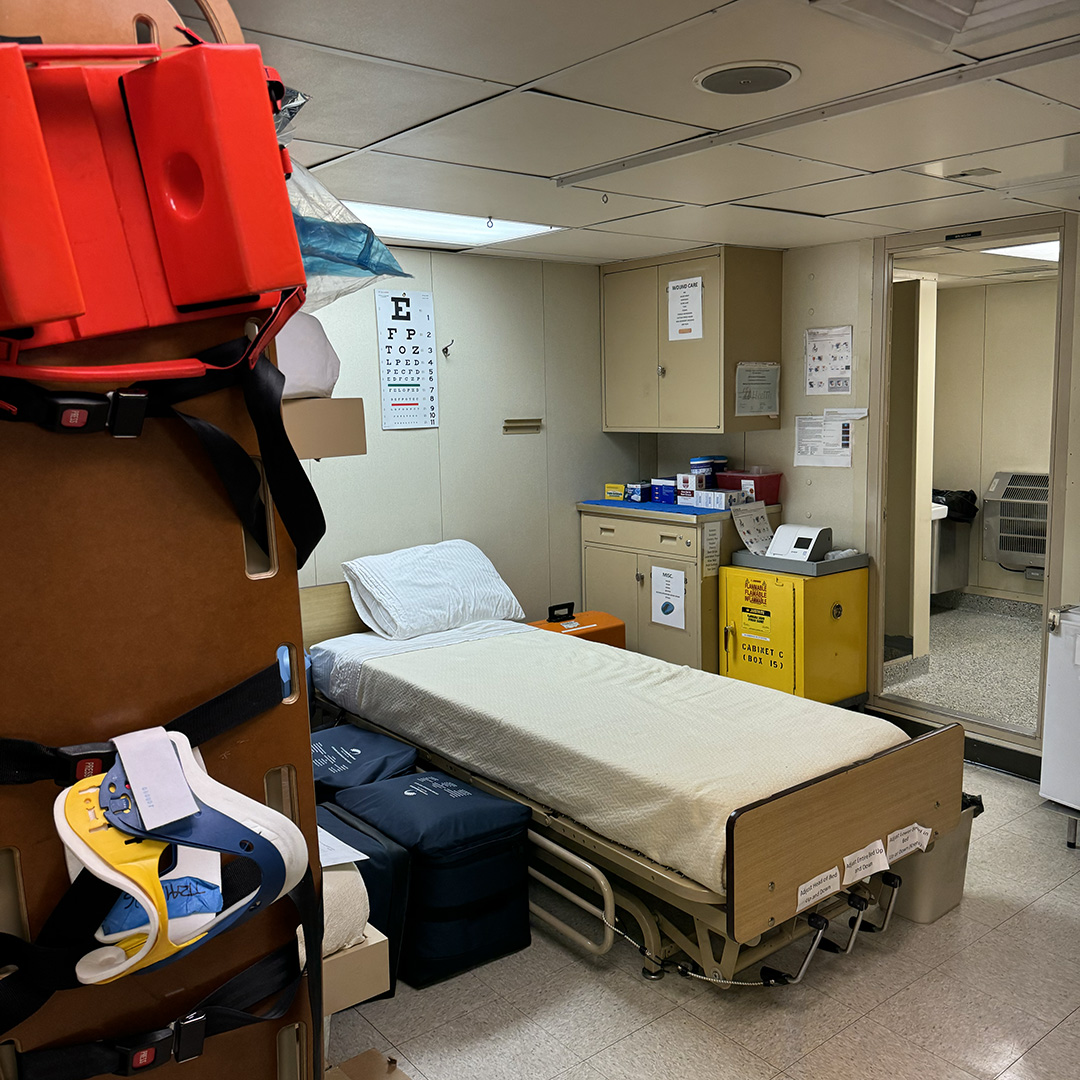 The ship’s hospital is well-equipped for diagnosing and treating injuries and ailments