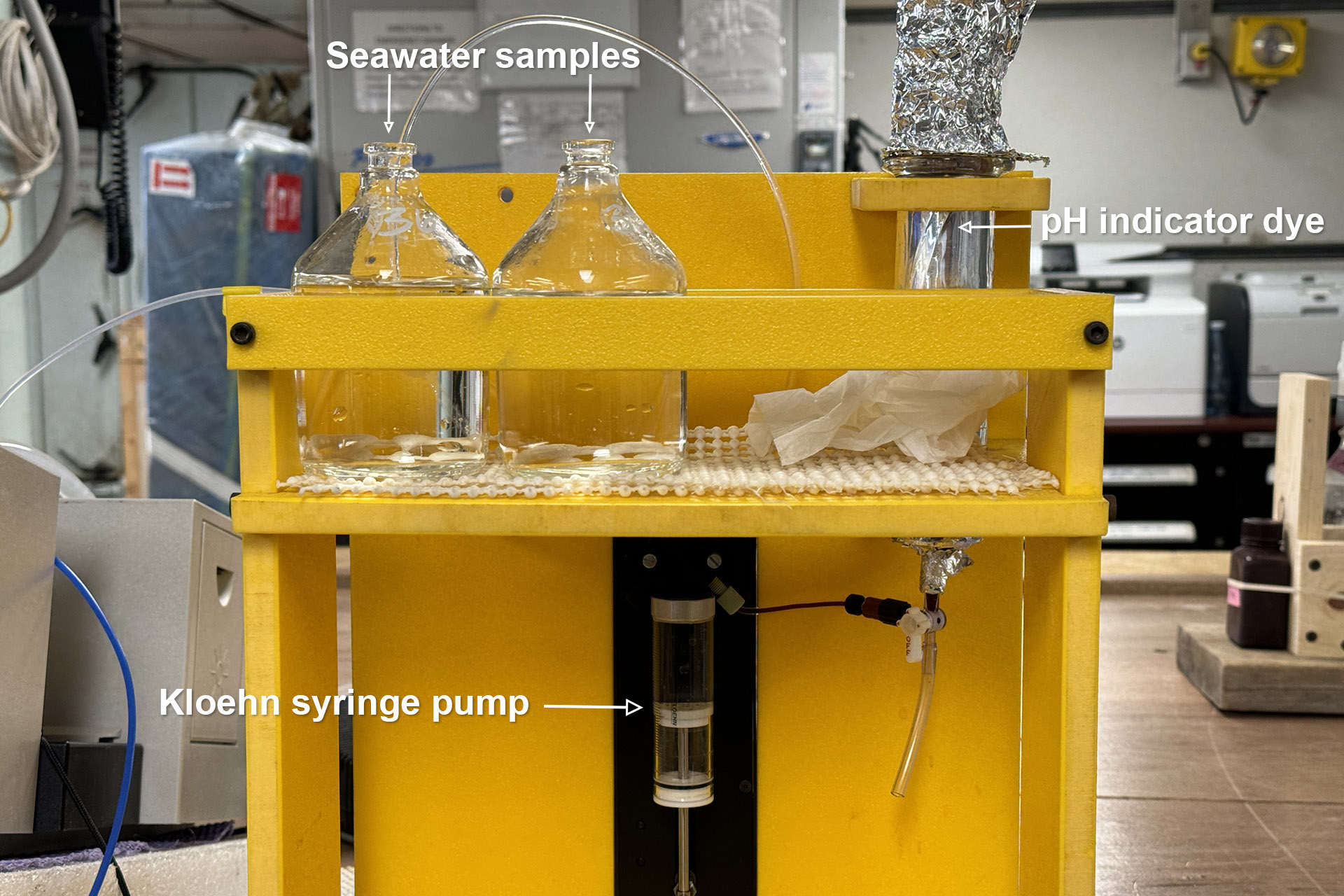 Seawater pH is measured onboard using spectrophotometry.