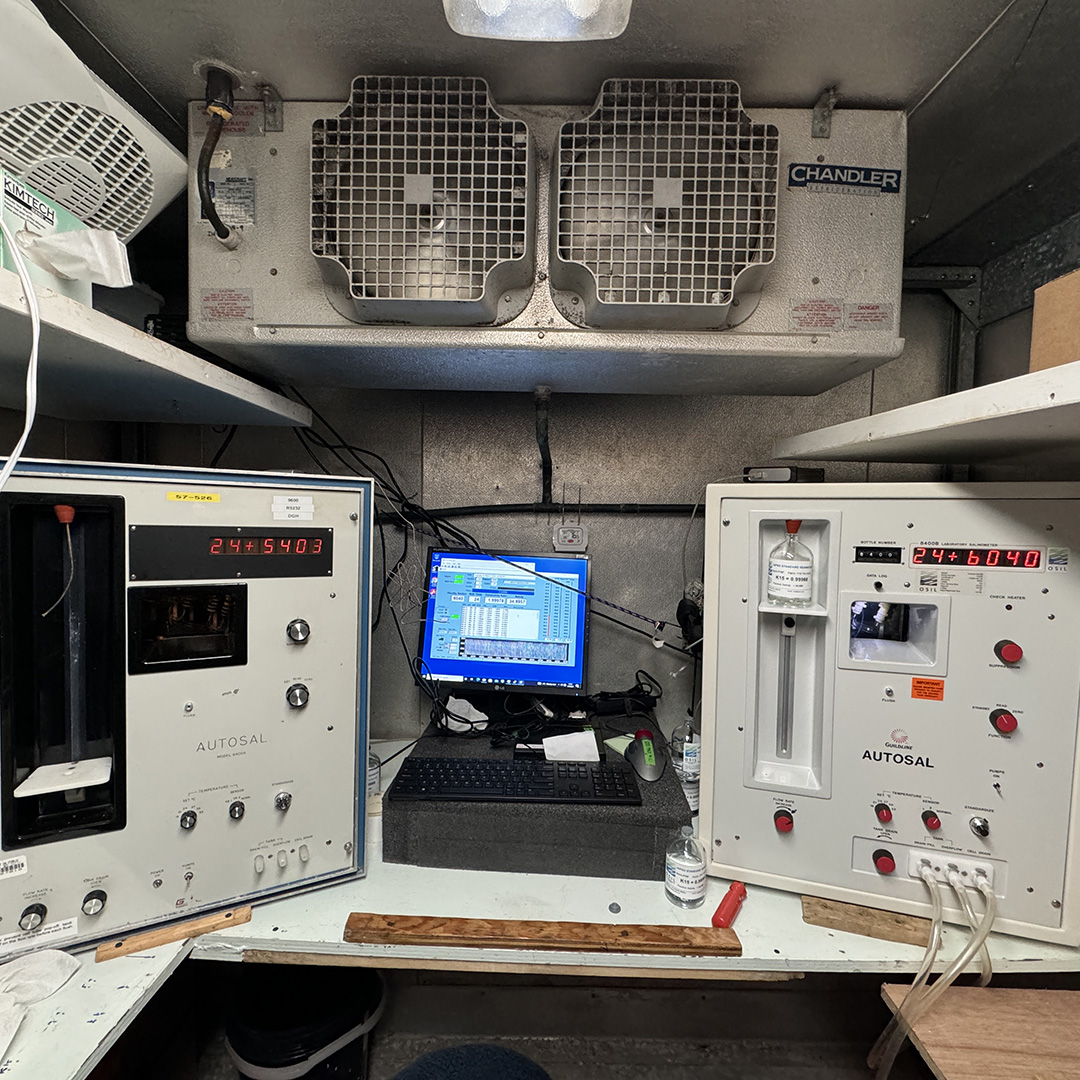 The primary salinometer (right) and back-up (left) are both kept up and running to ensure samples can be processed.