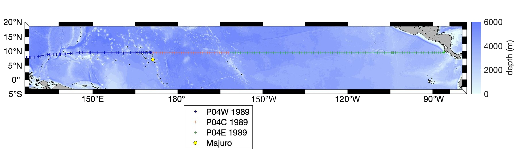 Track with station positions for the 1989 occupation of P04 occupied in three legs (P04W, P04C, and P04E) from west to east.
