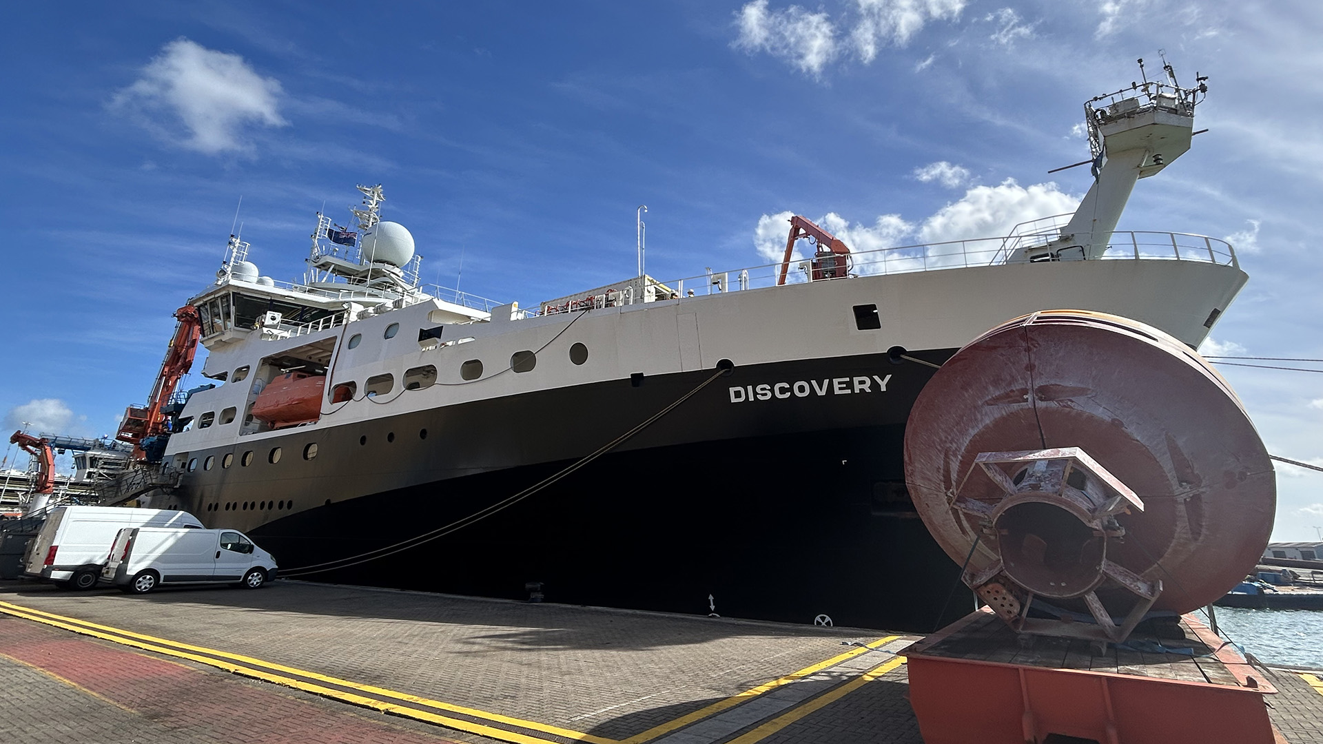 The RRS Discovery At Port At The National Oceanography Centre In Southampton The RRS Discovery at port at the National Oceanography Centre in Southampton.