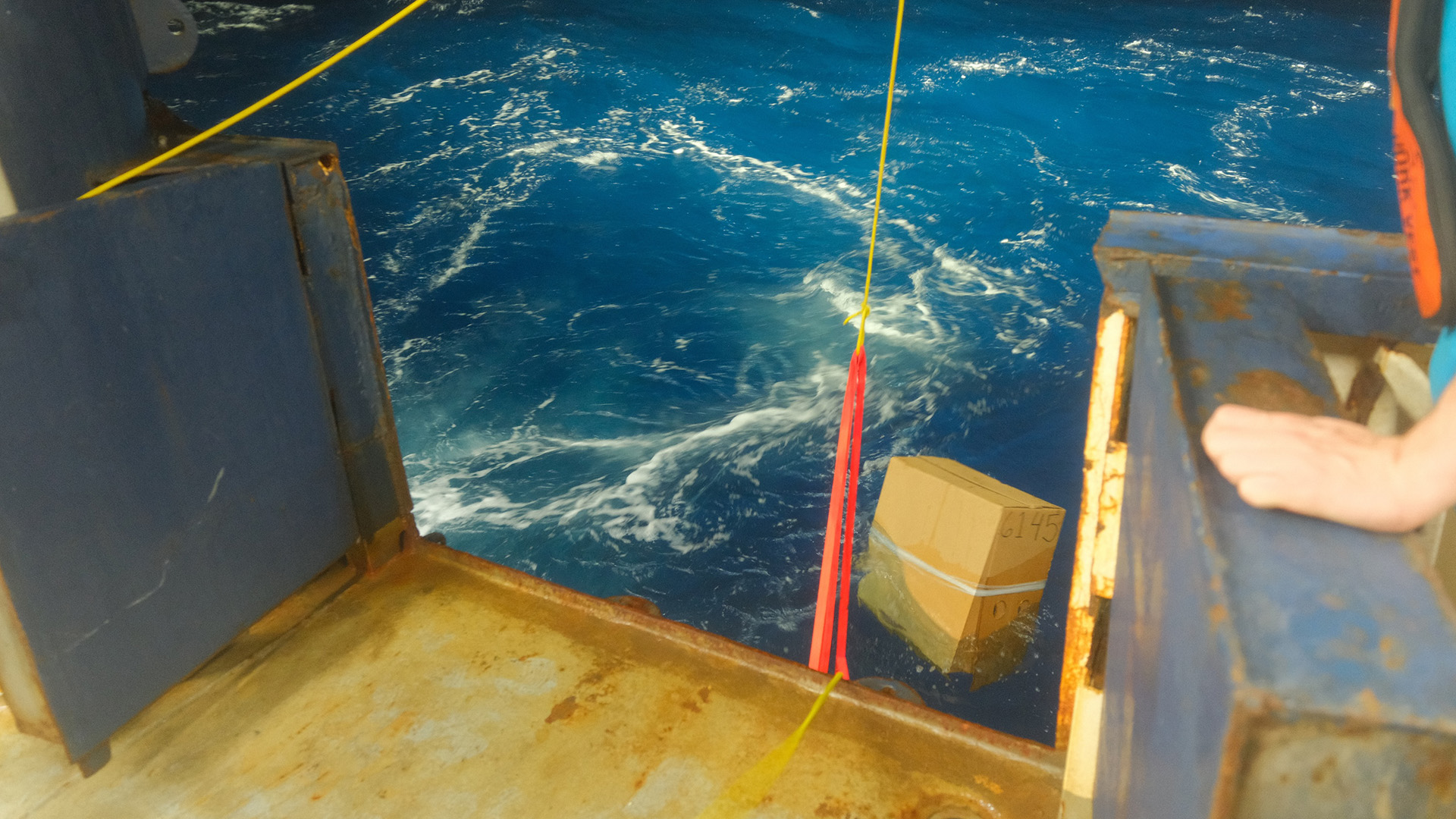 Deep Float In Water A core float begins its journey at night as the ship leaves station. This one was deployed by Zoe Fricker and Andrew Marshall Fagerheim.