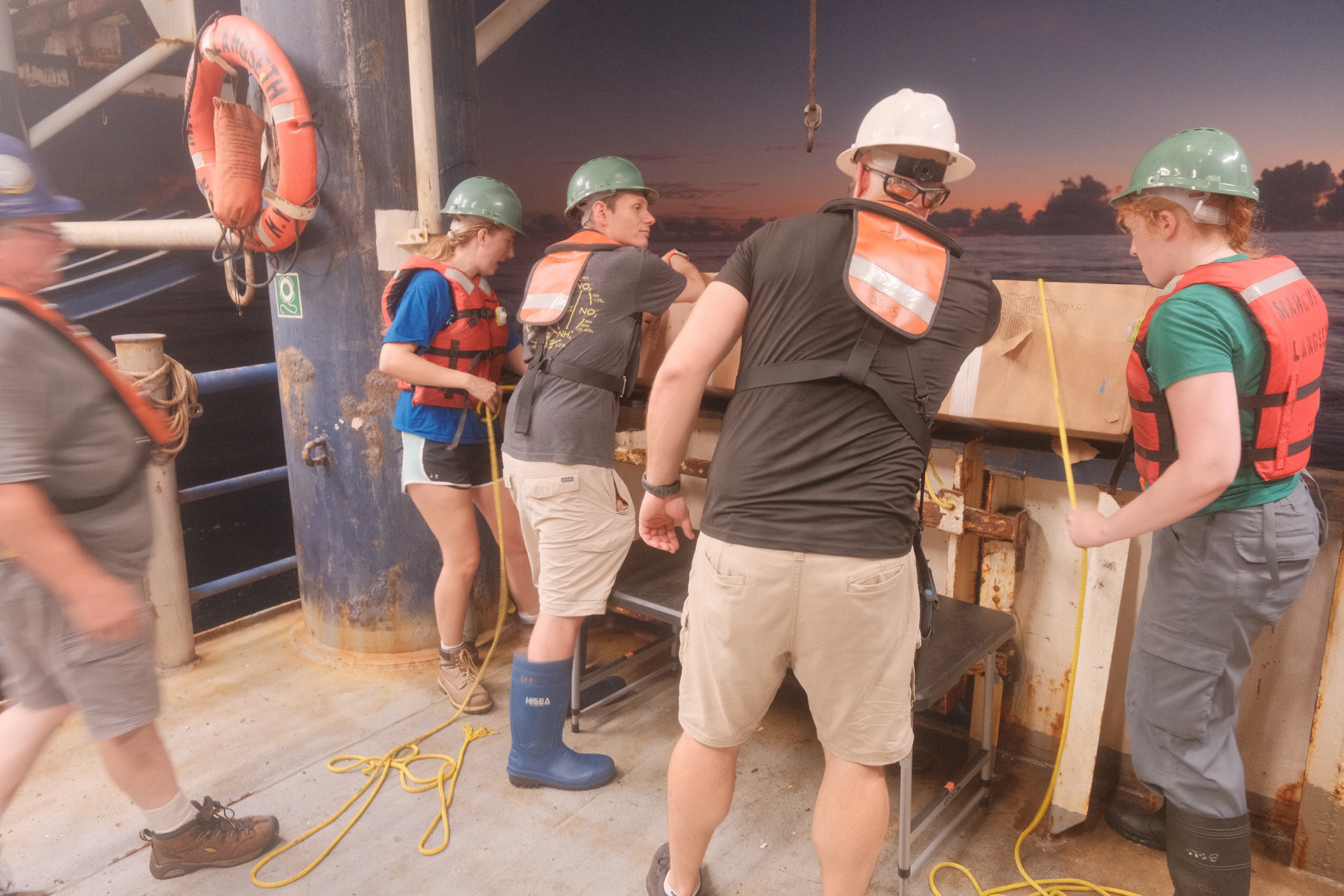 Langseth Technicians Todd And Nick Oversee The Float Deployment Operation Langseth technicians Todd and Nick oversee the float deployment operation. Scientists Riley Ames, Andrew Babbin, and Emma Scott are ready to help. Photo Credit: Allen Smith